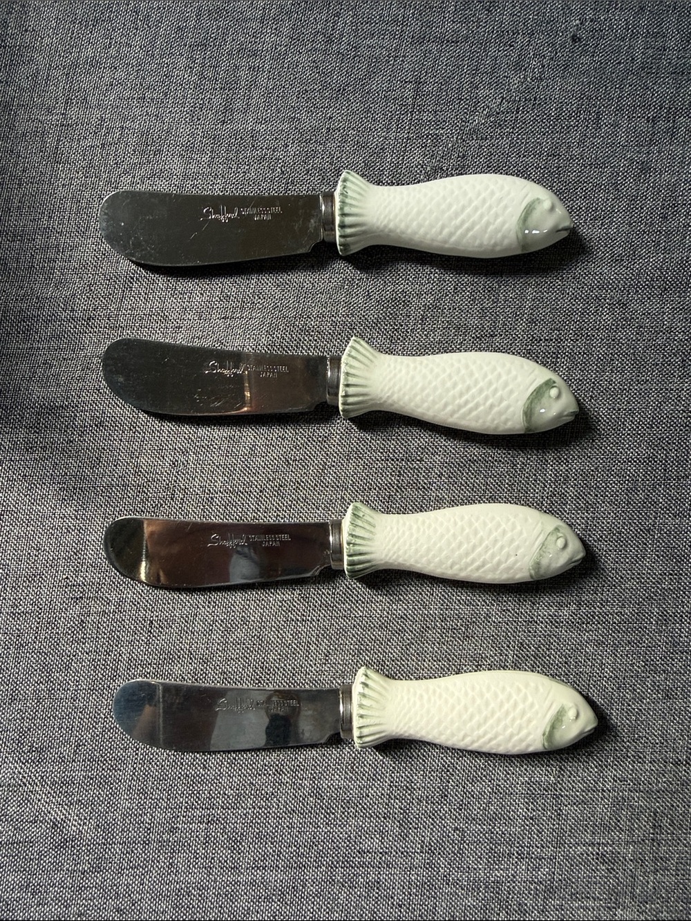 Vintage Shafford Fish-Handle Butter Knife - White Porcelain Handle (Set of 4)